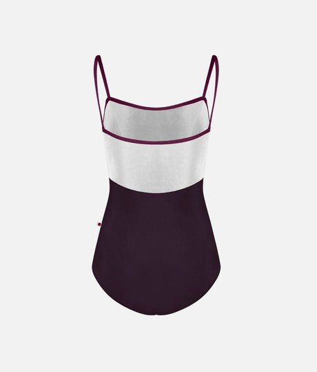 YUMIKO Denise Eggplant leotard, back product view with a White velvet upper panel, scoop back and slim Opera straps.