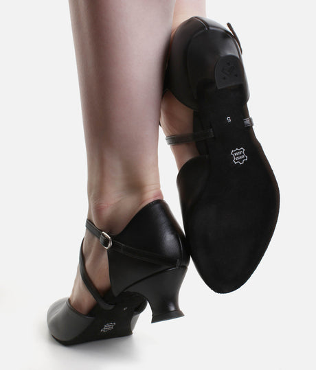 Closed-Toe Dance Shoes, Elegant Black Leather with Push-Button Strap - 034X
