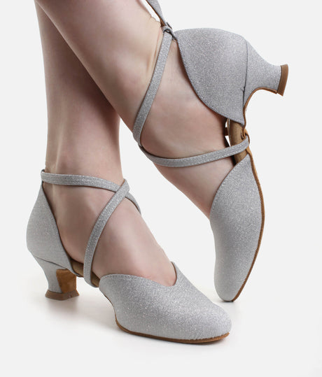 Beginner-Friendly Low Heel Dance Shoes, Silver Sparkle - 002X