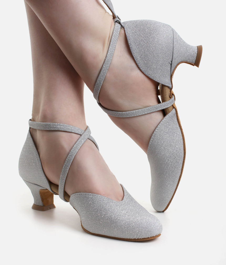 Beginner-Friendly Low Heel Dance Shoes, Silver Sparkle - 002X