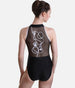 Front Zip Leotard, Mesh Back with Abstract Embroidery - DUVAL