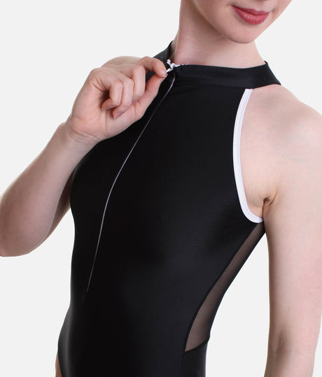 Front Zip Leotard, Mesh Back with Abstract Embroidery - DUVAL