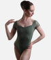 Olive Mesh Cap Sleeve Leotard, Elegant Low V-Back - EFFIE