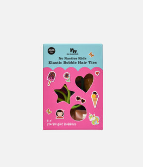 No Nasties Starbright set of six elastic bobble hair ties in a pink and blue illustrated window box