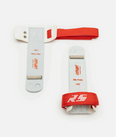 Reisport Elite Protec uneven bar grips showing an open wrist strap, leather palms and attached dowels
