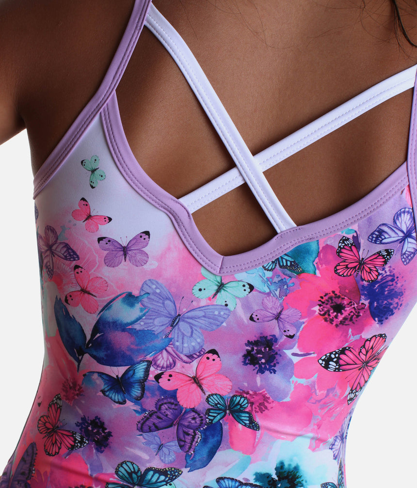 Crisscross Back Gymnastics Leotard with Butterfly Print - FAIRYTOPIA