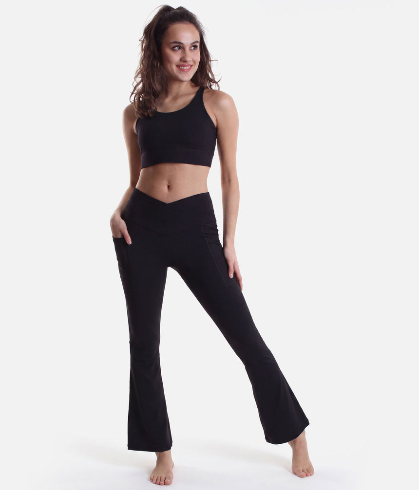 Crisscross Hourglass Flared Leggings • Curve-Enhancing Cut & Pockets