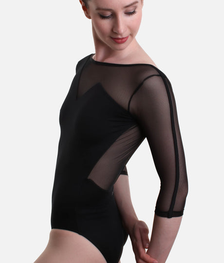 Long Sleeve Leotard, Mesh Low V-Back Dancewear - FONTEA