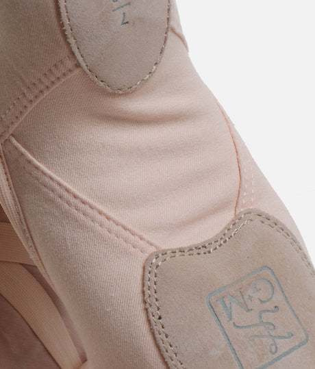 Gaynor Minden Liberty pink stretch canvas ballet shoes showing suede split sole pads on the forefoot and heel