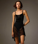 Front view of the black Bodile Gisella mesh rehearsal skirt, showing sheer fabric and gathered side detailing.