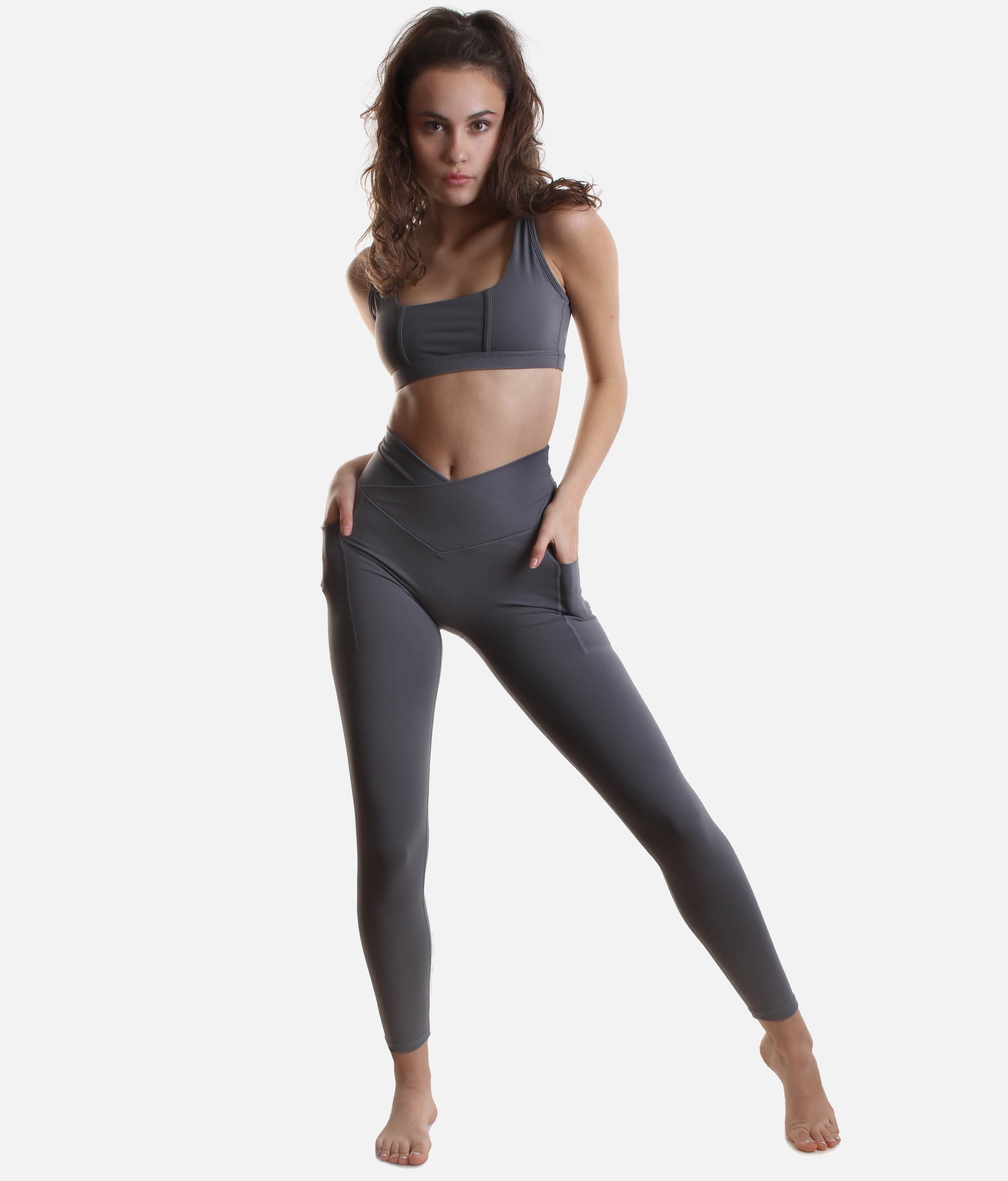 High-Waisted Leggings in Slate with Crisscross Hourglass Waistband