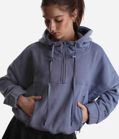 Cloud-Soft Half Zip Hoodie with Bungee Hem & Extra-Large Hood - Wild Wind