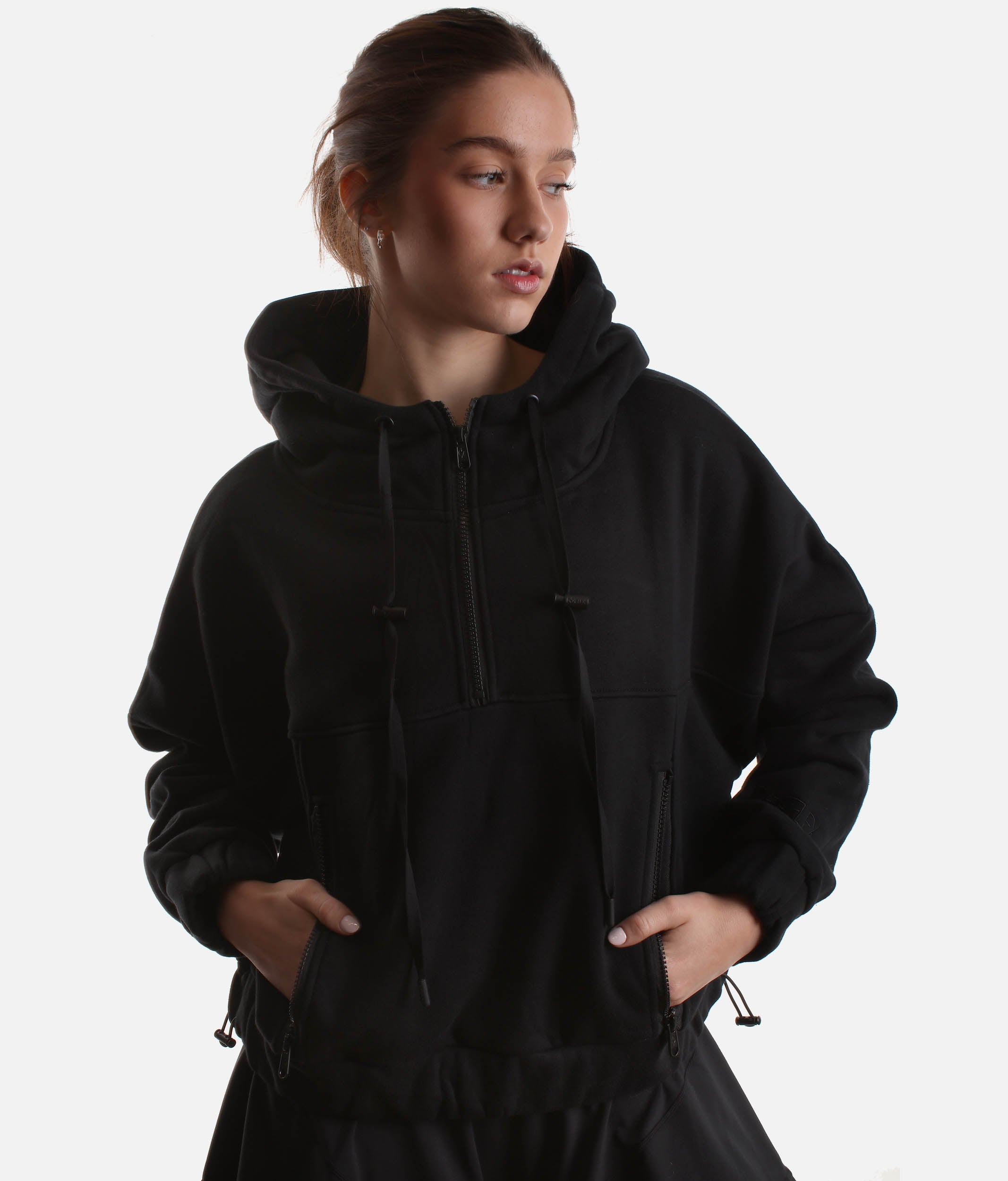 Oversized Half Zip Hoodie in Black – Cozy Hood & Customizable Hem