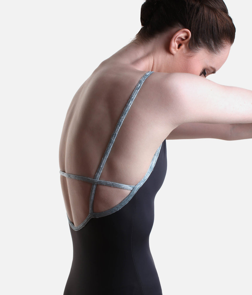 Camisole Style Dance Leotard with Open Back, Contrast Velvet Trim - HEATHER