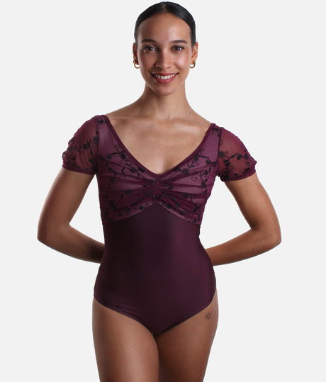 V-Neckline Dance Leotard, Embroidered Floral Mesh - ILIZIA GL TURANDOT