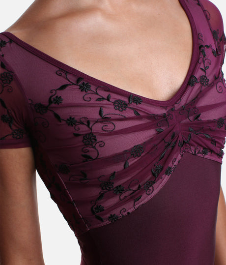 V-Neckline Dance Leotard, Embroidered Floral Mesh - ILIZIA GL TURANDOT