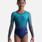 The Zone Inspire Z785 girls’ gymnastics leotard in Navy Teal with ombré mesh sleeves and crystal detail.