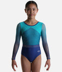 The Zone Inspire Z785 girls’ gymnastics leotard in Navy Teal with ombré mesh sleeves and crystal detail.