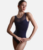 Intermezzo Isaura 31750 navy tank ballet leotard with crossed tulle draping and a round sheer neckline, shown from the front.
