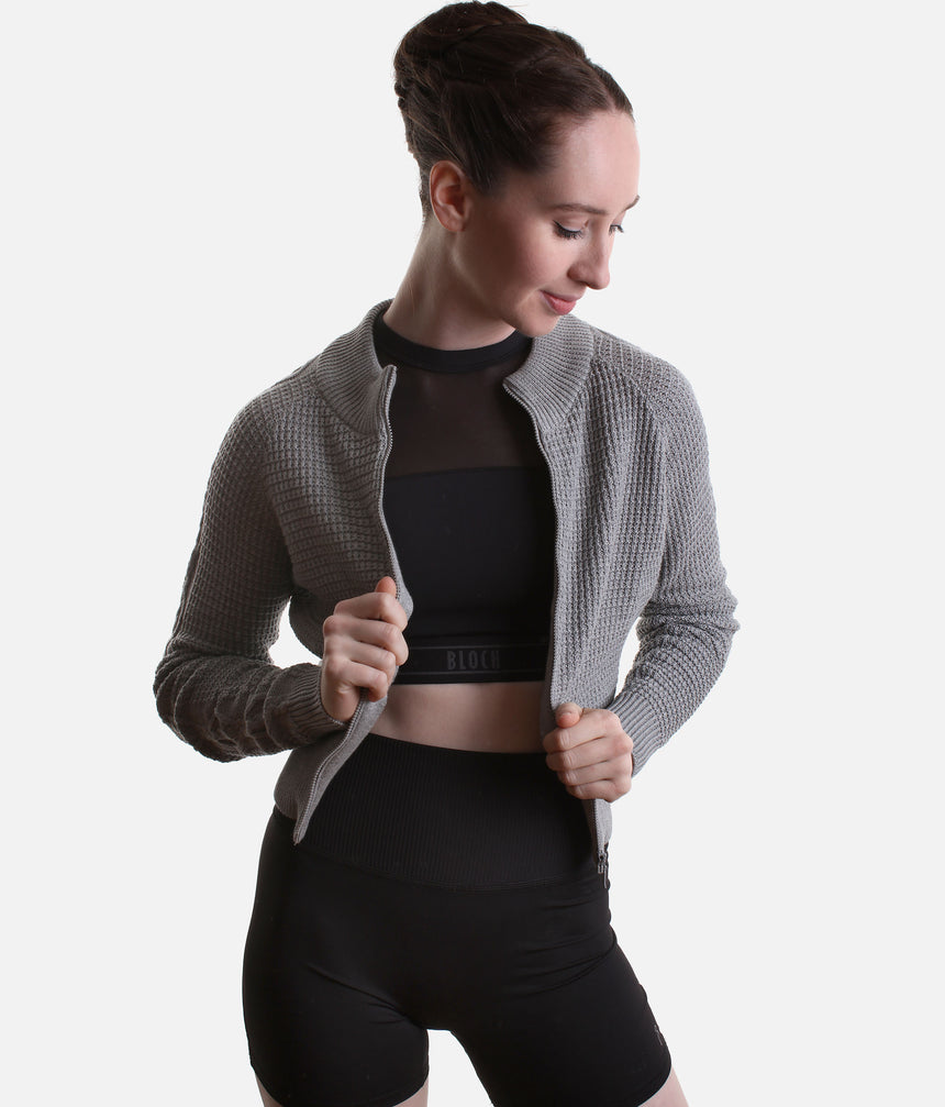 Emilia Ladies’ Cable Knit Zip Warm-Up Jacket – Grey Marle - J13004