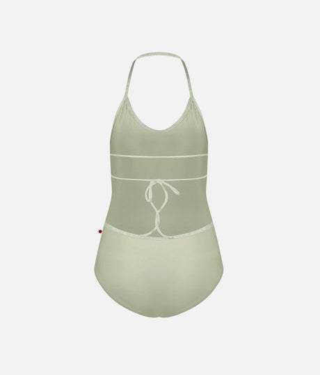 YUMIKO Kate Ginko leotard, back product view showing the low curved opening, horizontal straps and adjustable tie.