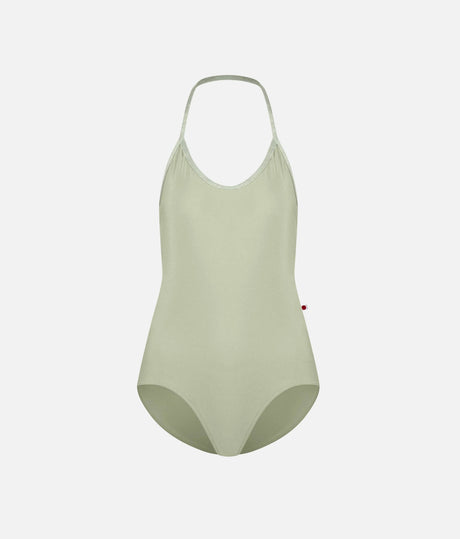 YUMIKO Kate Ginko halter leotard, front product view with a scoop neckline and high-cut leg.