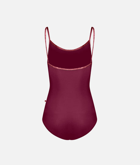 YUMIKO Kathy Burgundy leotard, back product view showing the plain scoop back, camisole straps and Garnet velvet trim.