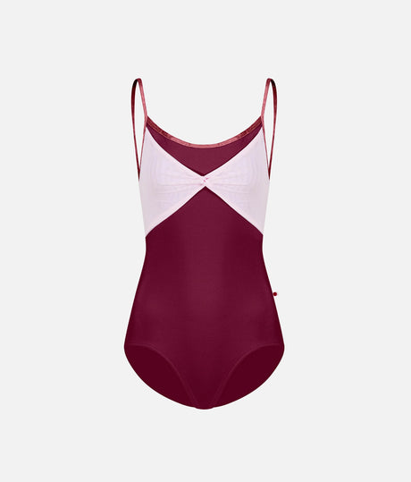 YUMIKO Kathy Burgundy leotard, front product view with gathered Rose mesh, Garnet crushed velvet trim and a high-cut leg.