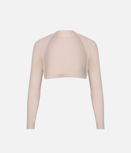 Front of Mara Dancewear Soft Pnk knitted ballet bolero, with a cropped open-front shape and long thumbhole sleeves.