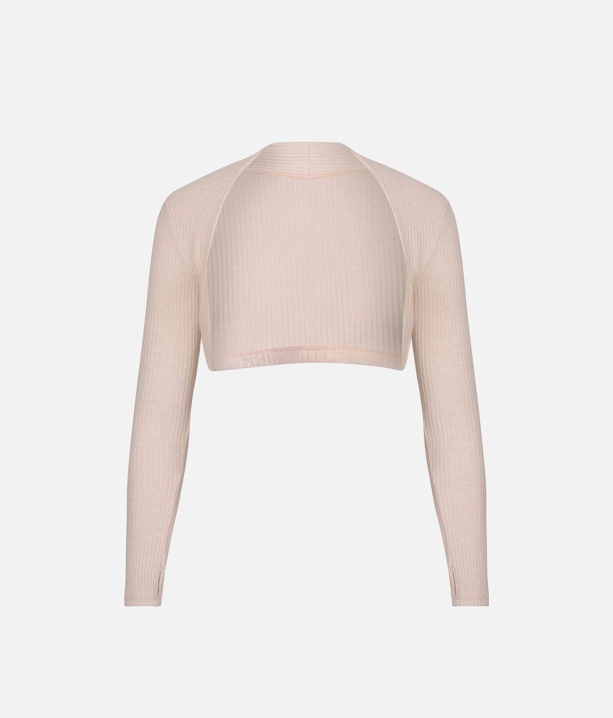 Front of Mara Dancewear Soft Pnk knitted ballet bolero, with a cropped open-front shape and long thumbhole sleeves.