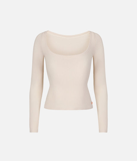 Mara Dancewear Light Cream reversible knit ballet top, showing the scoop-neck side, long sleeves and cropped hem.