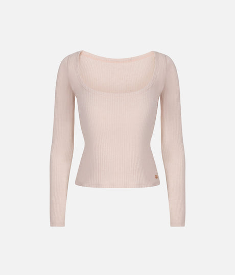 Mara Dancewear Soft Pink reversible knit ballet top, showing the scoop-neck side, long sleeves and cropped hem.