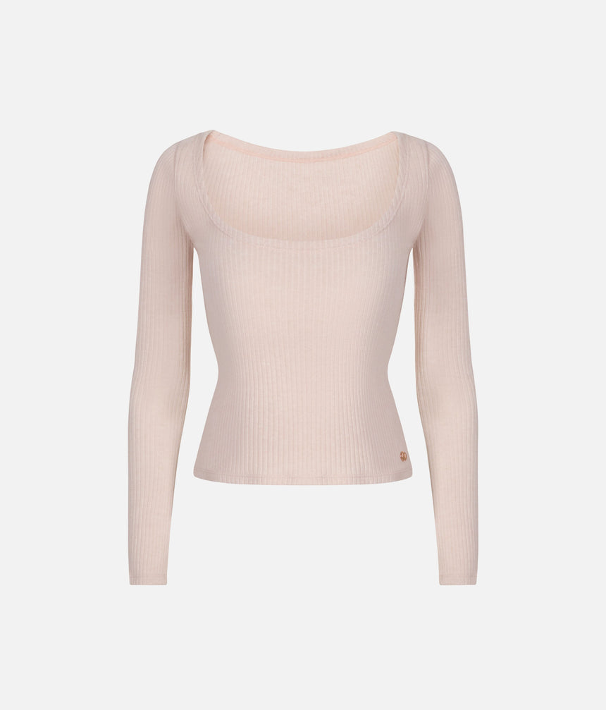 Mara Dancewear Soft Pink reversible knit ballet top, showing the scoop-neck side, long sleeves and cropped hem.