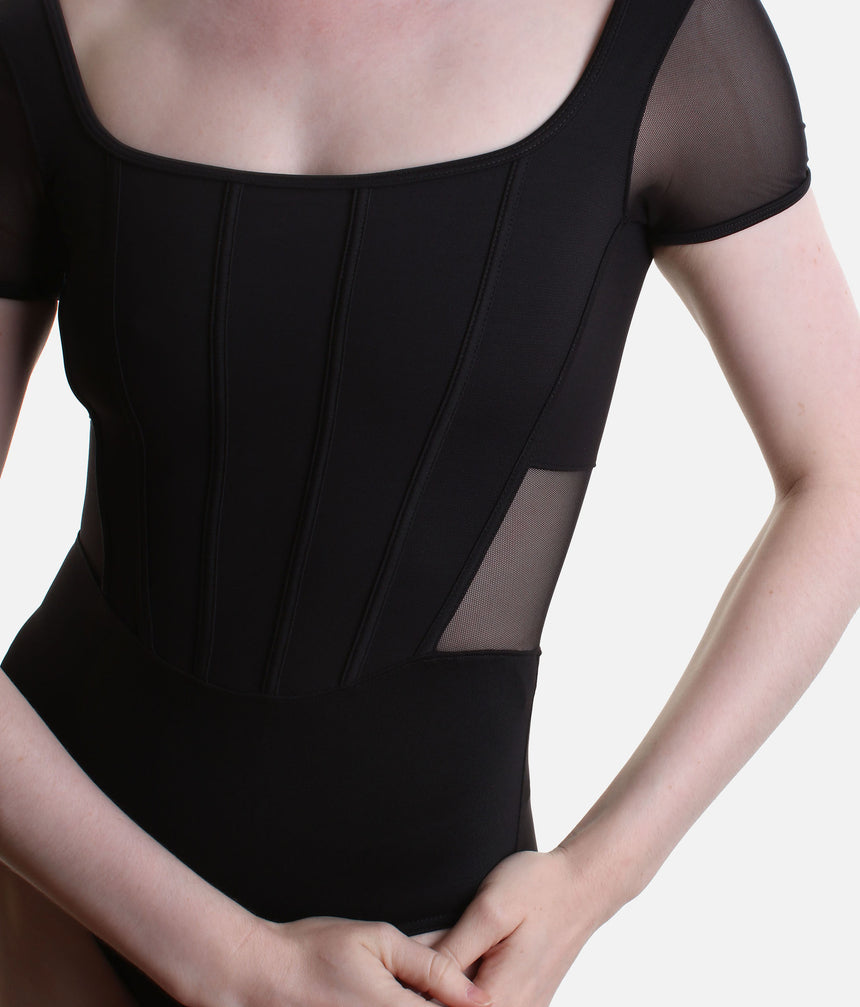 Mia Scoop Back Leotard • Black with Mesh Cap Sleeves - L20011B
