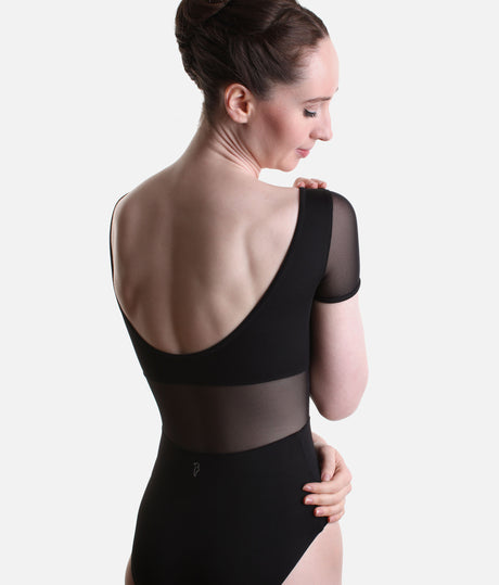 Mia Scoop Back Leotard – Black, Mesh Cap Sleeved - L20011B