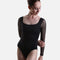So Danca LS61 black ballet leotard with long sheer mesh sleeves and curved front seams, side-front view