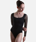 So Danca LS61 black ballet leotard with long sheer mesh sleeves and curved front seams, side-front view