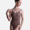 Front view of the So Danca LS64 Nut ballet leotard, with fine camisole straps, a gathered neckline and tonal mesh panels