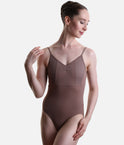 Front view of the So Danca LS64 Nut ballet leotard, with fine camisole straps, a gathered neckline and tonal mesh panels