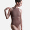 Front view of the So Danca LS65 high neck ballet leotard in Nut, with triangular mesh panels at the waist