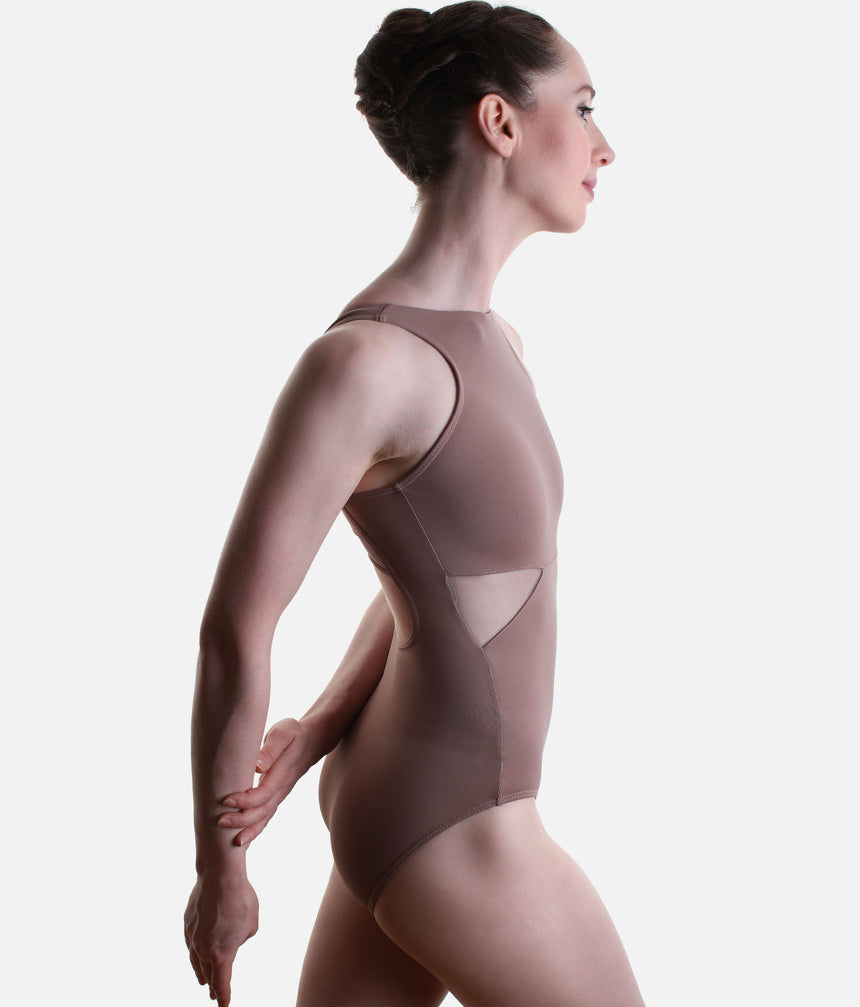 Side view of the So Danca LS65 high neck ballet leotard in Nut, with triangular mesh panels at the waist