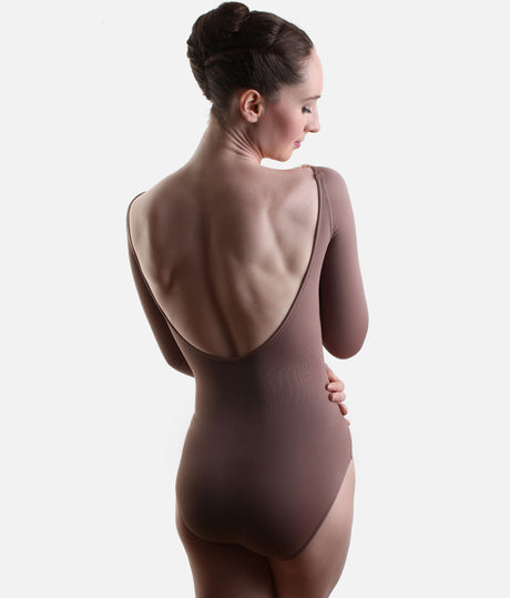 Back view of the So Danca LS69 Luciana Sagioro leotard in Nut, showing its deep rounded scoop back