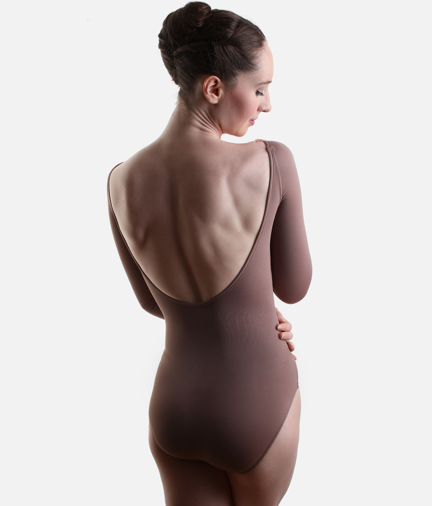 Back view of the So Danca LS69 Luciana Sagioro leotard in Nut, showing its deep rounded scoop back