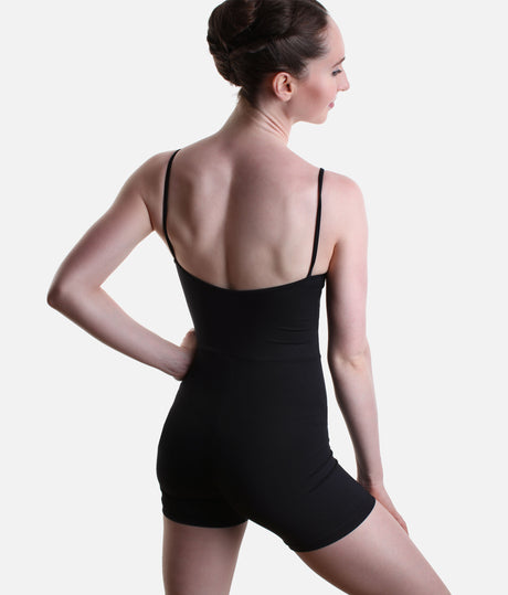 Back view of the So Danca LS70 Luciana Sagioro unitard in Black, showing slim straps and integrated shorts