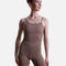 Front view of the So Danca LS70 Nut biketard with a scoop neckline and shallow V-shaped waist seam