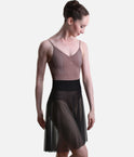 So Danca LS71 Black mesh ballet skirt with a wide waistband, worn over a Nut leotard