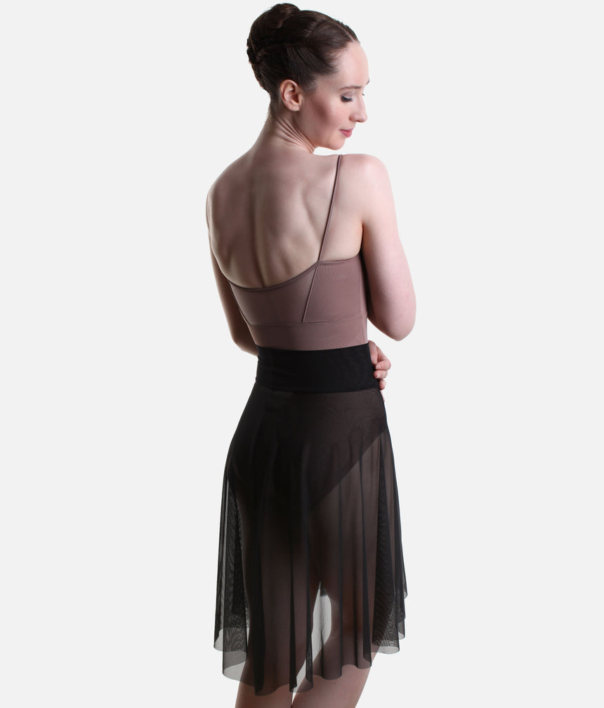 Back view of the So Danca LS71 Black skirt, showing its sheer mesh and flowing knee-length silhouette