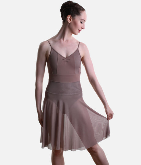 So Danca LS71 ballet skirt in Nut, showing the flared knee-length shape over a matching leotard