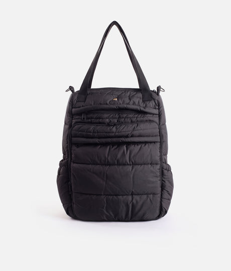 So Danca LS72 Luciana Sagioro quilted dance bag in black, showing front zip pockets, side pockets and carry handles.