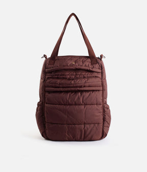 So Danca LS72 Luciana Sagioro quilted dance bag in brown, showing front zip pockets, side pockets and carry handles.